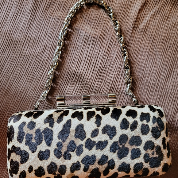 White House Black Market Leppard Handbag Clutch Chain Handle Kiss lock closure